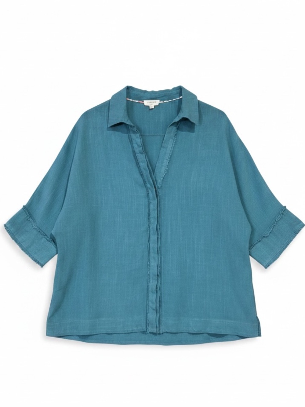 Umgee Teal Linen Cotton Boxy Loose Fit Frayed Trim Button Down Top Size Large